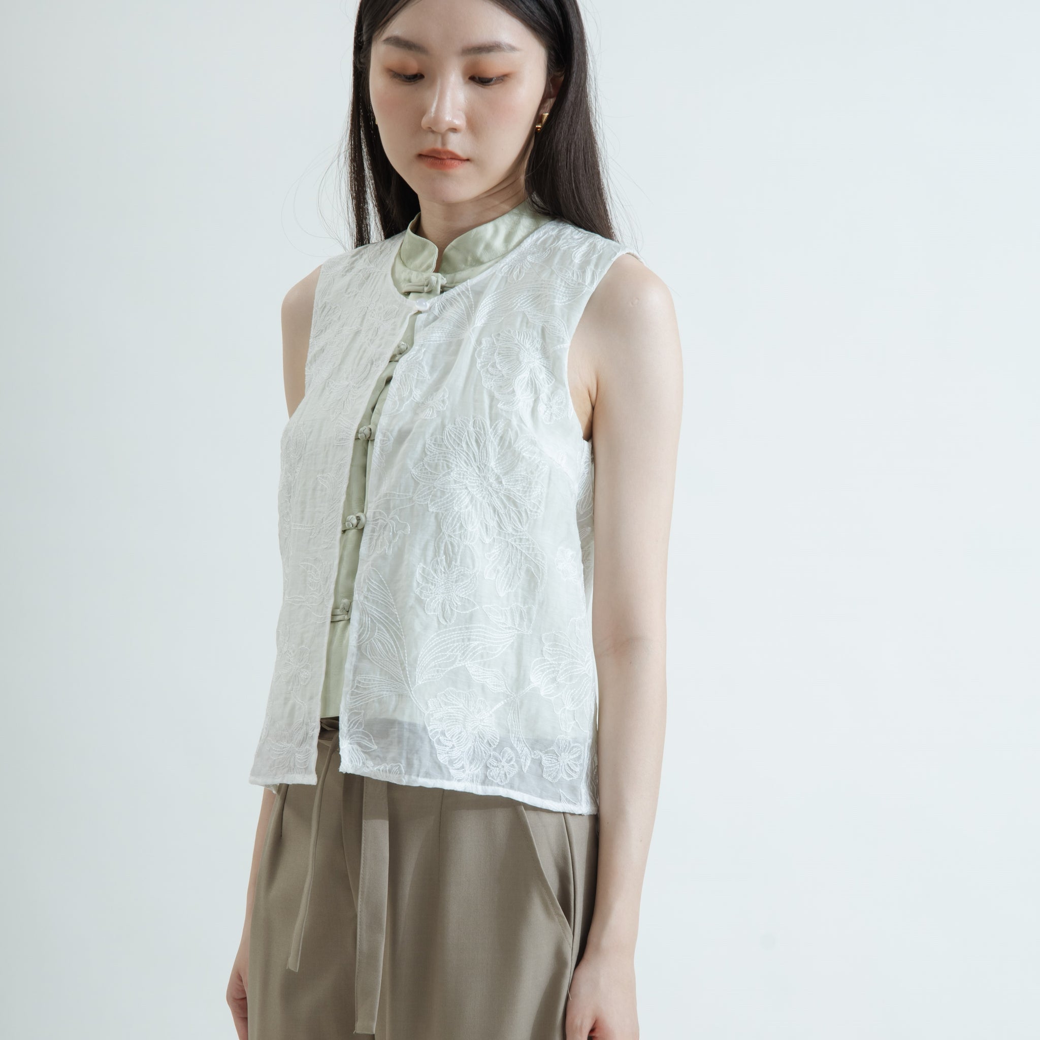 Sheer Layered Embroidery Cheongsam Top (Pastel Green)