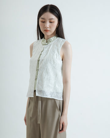 Sheer Layered Embroidery Cheongsam Top (Pastel Green)