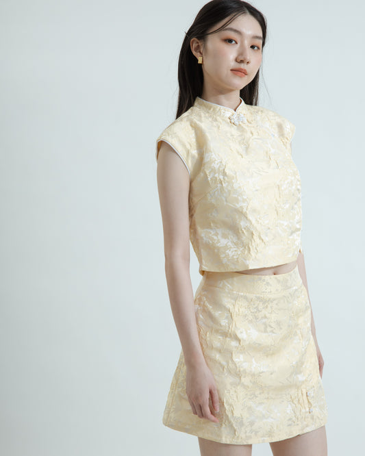 Spring Aura Embroidery A Line Mini Skirt (Pastel Yellow)