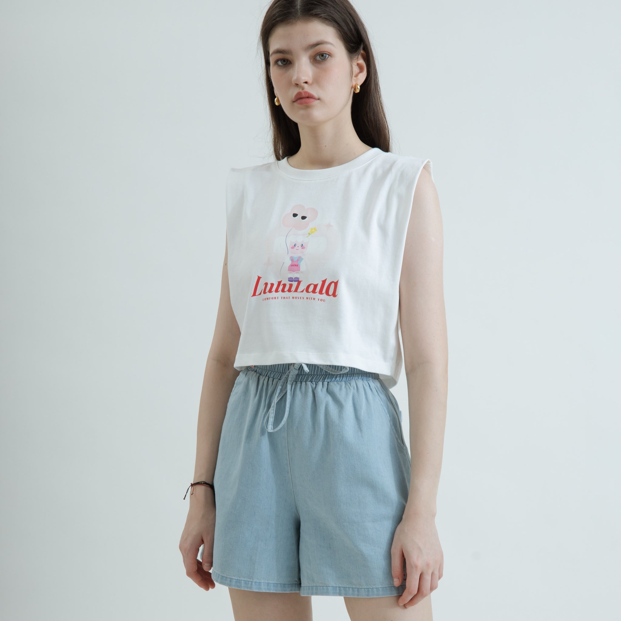 LULULALA Graphic Sleeveless Crop Top (White)