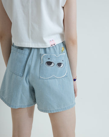 LULULALA Embroidery Denim Pull-On Shorts (Denim)