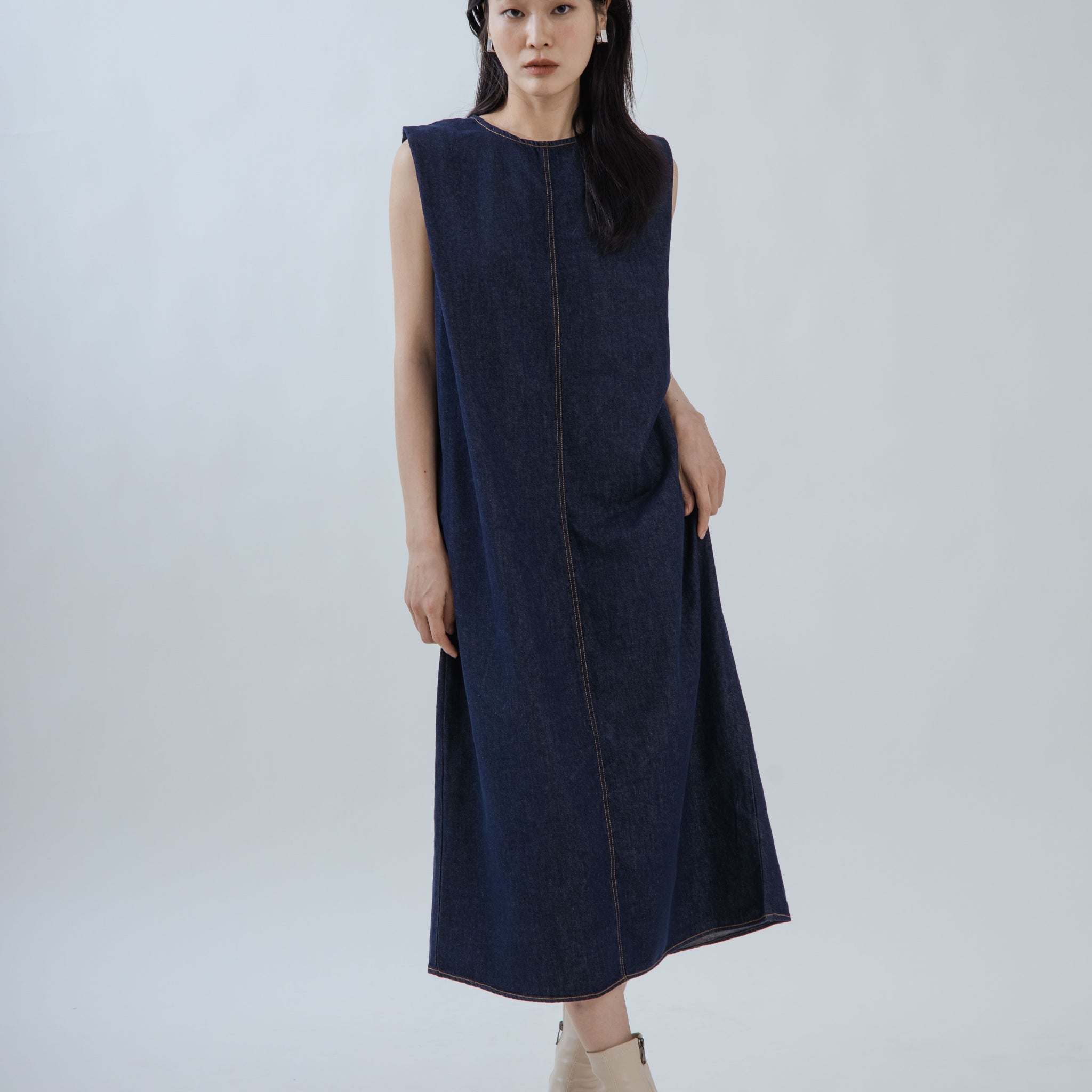 Boxy Straight Cut Denim Dress (Denim)