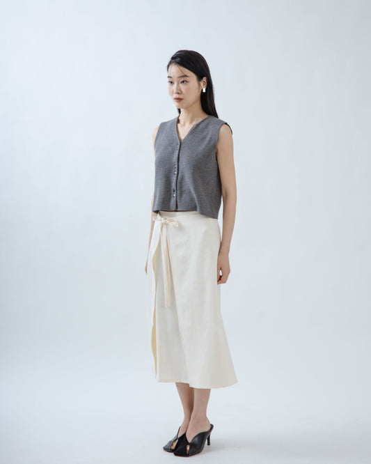 Allie Front Tie Overlap Midi Skirt (Beige)