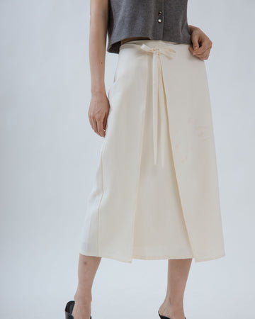 Allie Front Tie Overlap Midi Skirt (Beige)