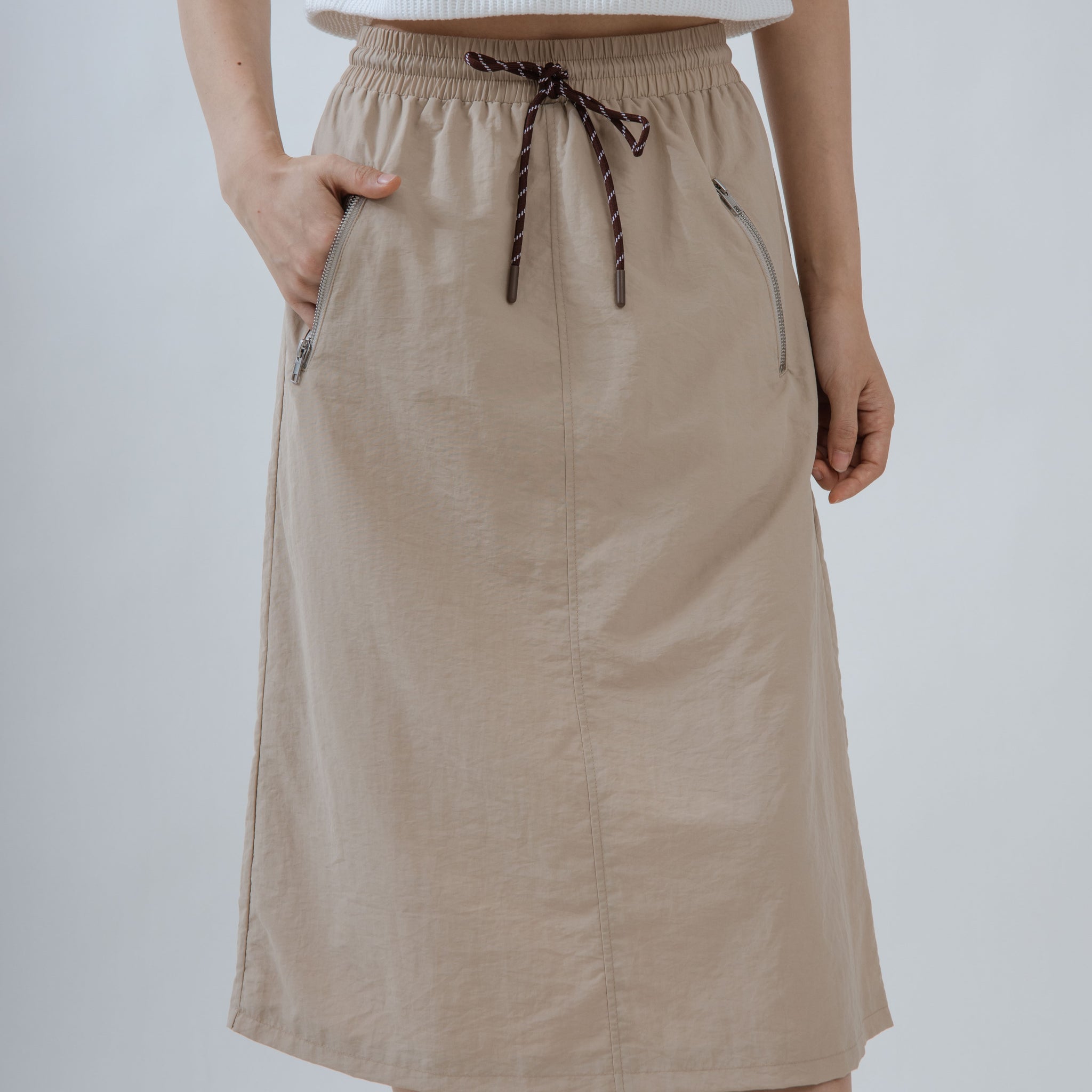 Casual Drawstring Cargo Midi Skirt (Khaki)