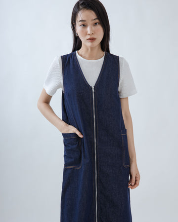 V Neck Zipper Sleeveless Denim Dress (Denim)