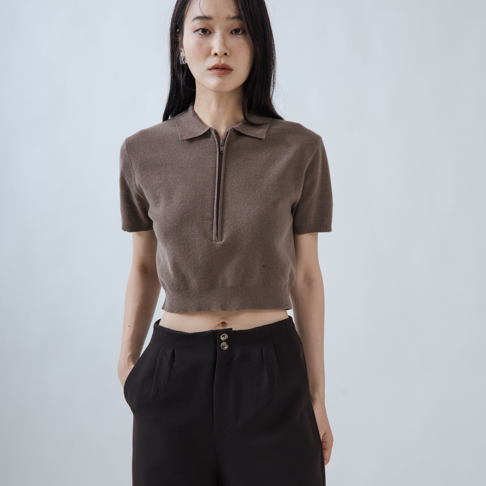 Zipper Collared Knit Top (Brown)