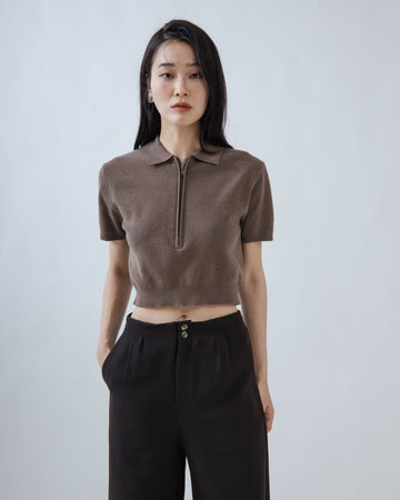 Zipper Collared Knit Top (Brown)