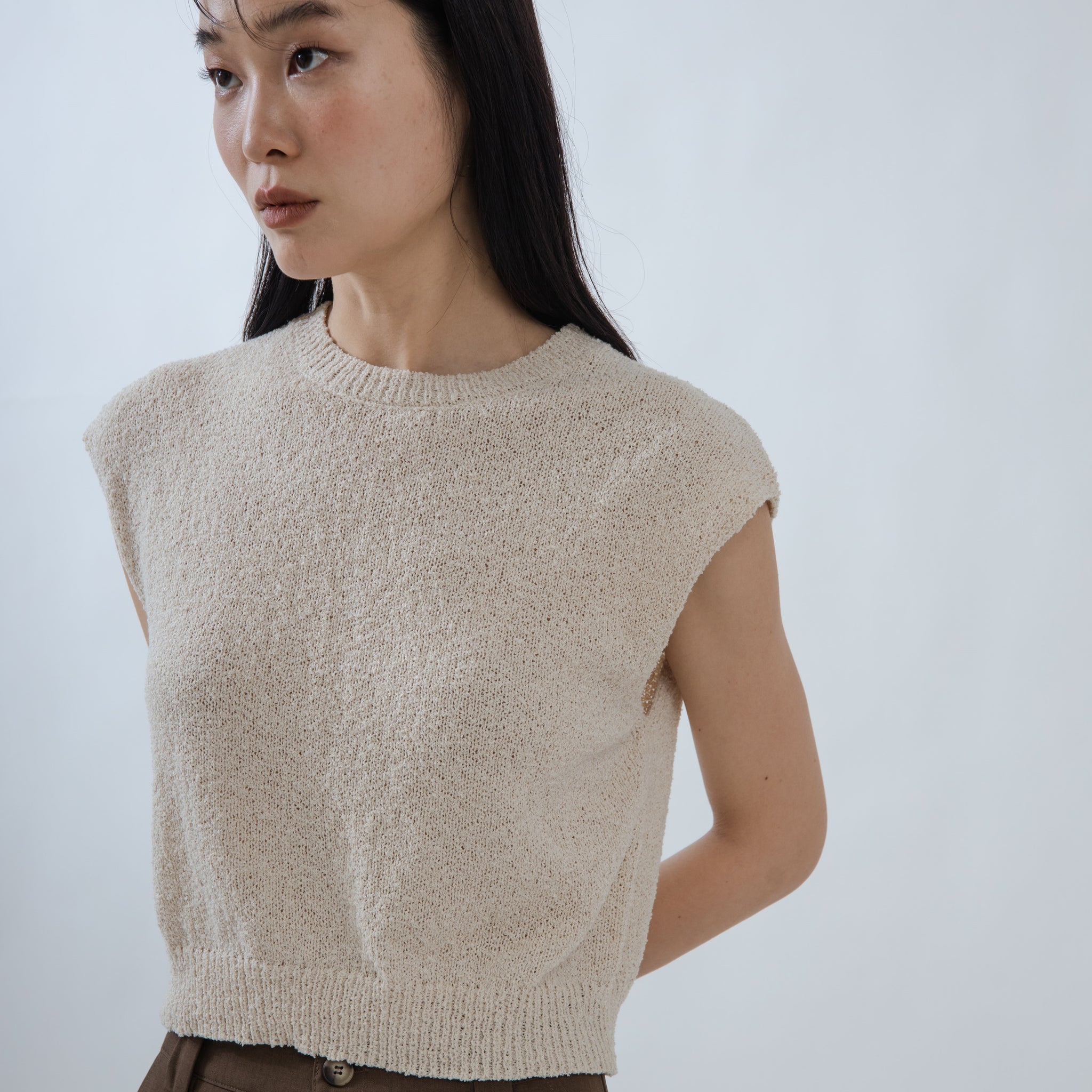 Round Neck Texture Knit Top (Beige)