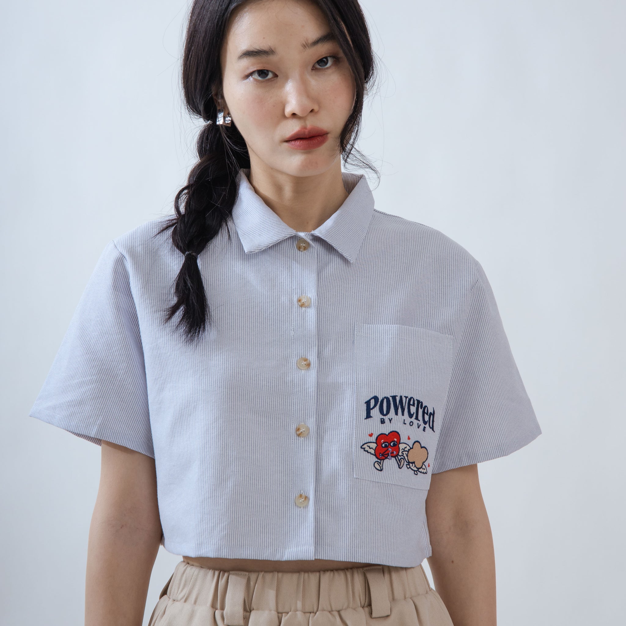 LULU Powered by Love Embroidery Cropped Shirt (Blue Stripes)